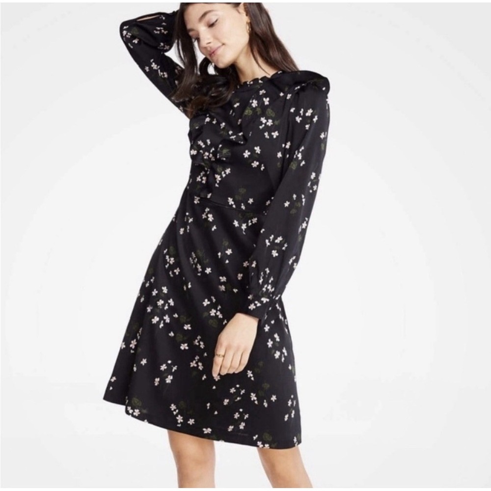 Ann Taylor Floral Dress sz 18 Tall Ling Sleeve High Neck Feminine Work Boho
